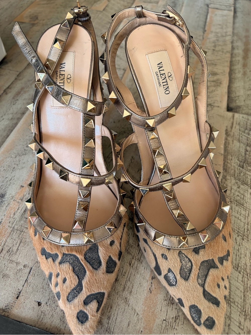 Valentino Leopard Ponyhair Pointed T-Strap Heels with Gold Studs
